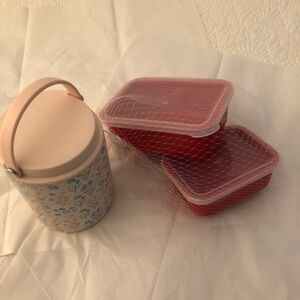Floral Pink Kitchen food thermos & Red Food Containers Set